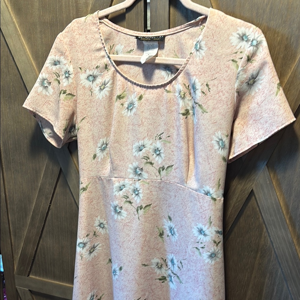 Vintage 1990s Floral Pink Dress 👗 Short Sleeve Long Length Tie Back - size 12